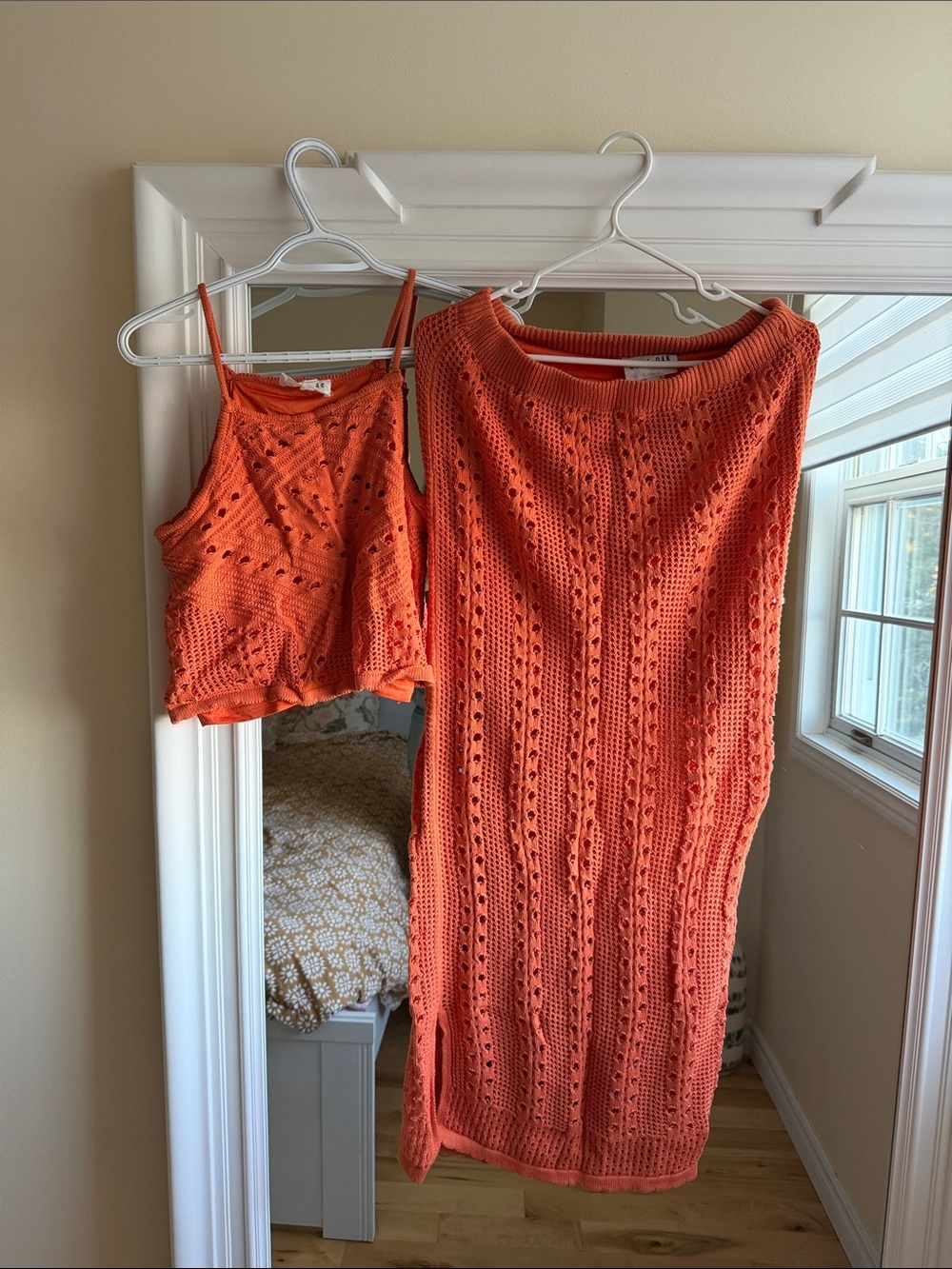 Olive & Oak Coral-Orange Crochet Midi Dress Set